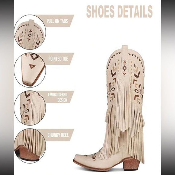 Cowgirl Western Boots Fringe Tassel Chunky High Heels Mid Calf Slip On - Picture 6 of 6